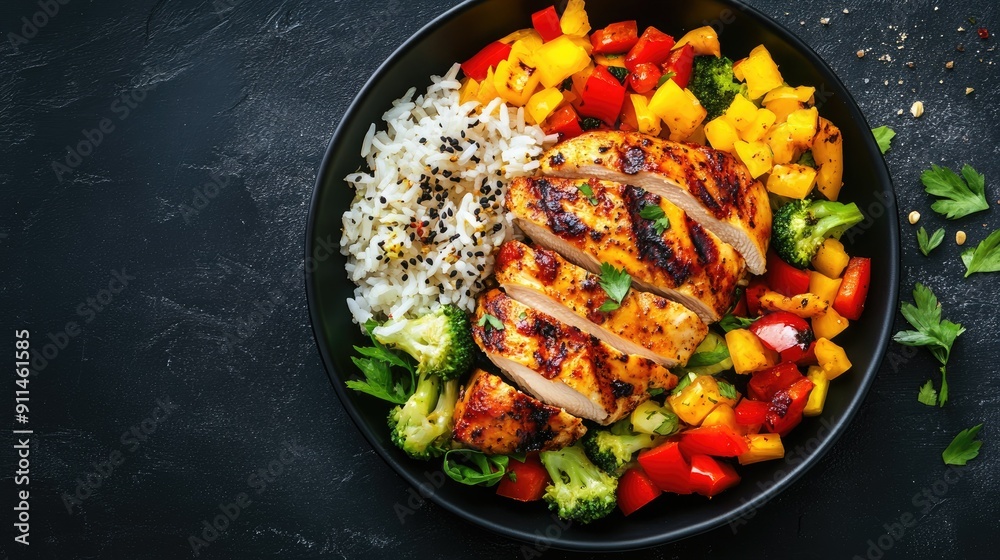 Black plate with baked chicken fillet, rice, and colorful vegetables, top view, space for text. Black plate with baked chicken fillet, rice, and colorful vegetables, top view, space for text.