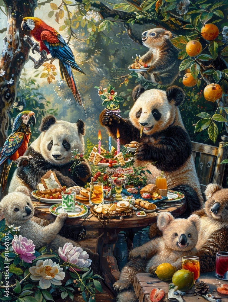 Obraz premium A whimsical scene with pandas, koalas, and a parrot enjoying a lavish feast in a lush garden setting.
