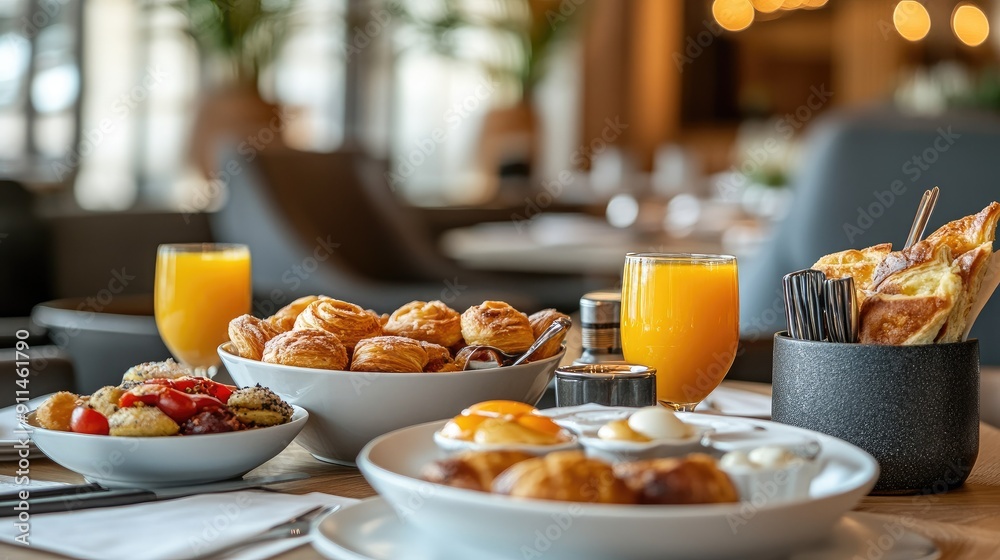 Breakfast in a modern luxury hotel: table full of fresh pastries, orange juice, eggs, and a variety of morning delights. Breakfast in a modern luxury hotel: table full of fresh pastries, orange juice, eggs, and a variety of morning delights.