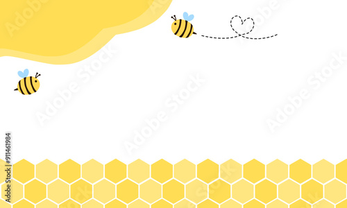 Beehive honey sign with hexagon grid cells and bee cartoons on white background vector.