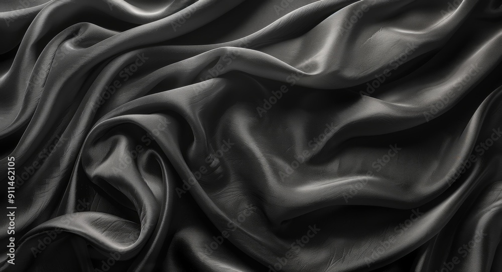Smooth, Shiny Black Silk Fabric with Texture and Light Reflection