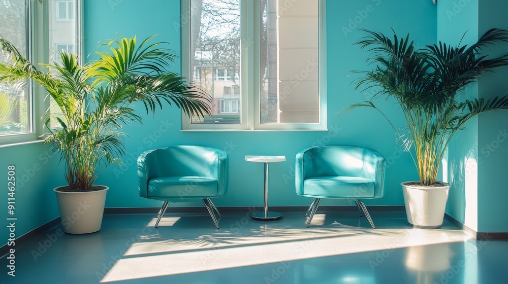 Fototapeta premium A bright and contemporary waiting room featuring two teal chairs, a small round side table, and two large potted plants with natural light streaming in through the windows.
