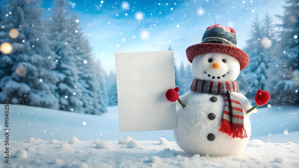 Obraz premium Frosty's Festive Banner: A Whimsical Snowman Holding a Blank Canvas Generative AI