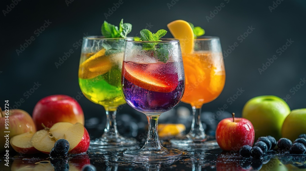 Bright and colorful apple and multivitamin juices in cocktail glasses, with fresh fruits adding a lively touch. Bright and colorful apple and multivitamin juices in cocktail glasses, with fresh fruits adding a lively touch.