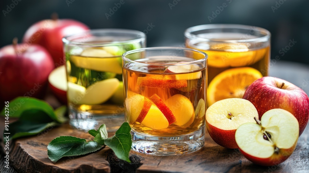 Bright and healthy apple and multivitamin juices in cocktail glasses, with fresh fruits artfully arranged. Bright and healthy apple and multivitamin juices in cocktail glasses, with fresh fruits artfully arranged.
