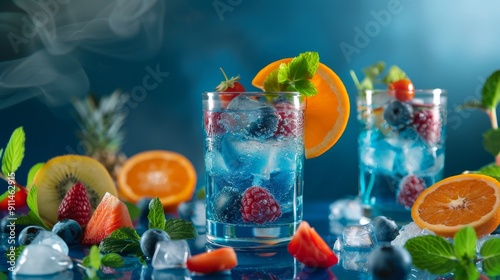 Colorful summer refreshing fruit drinks with ice cubs , fruit slices and berries and green mint leaves on a blue background.  Ideal as refreshing summer cocktail. Generative AI. photo