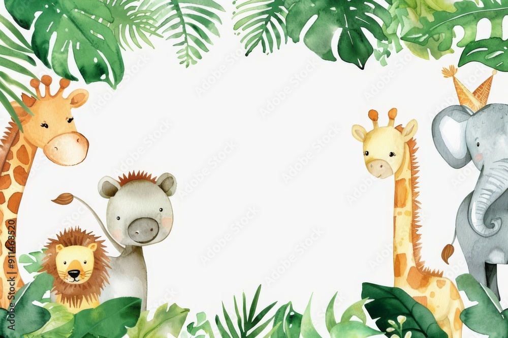 children's watercolor frame with funny animals - elephant, giraffe and lion in tropical leaves, space for text, children's watercolor frame with funny animals - elephant, giraffe and lion in tropical leaves, space for text,