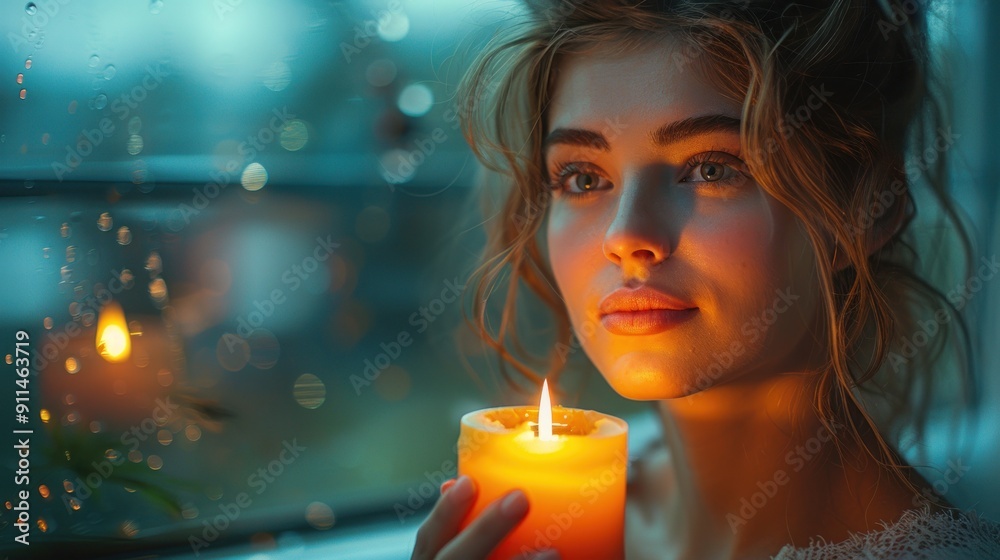 Woman Holding Candle by Window Woman Holding Candle by Window