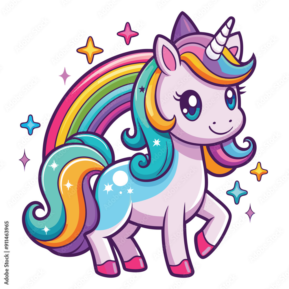 Fototapeta premium Cute magical unicorn and raibow. Print for t-shirt or sticker. Vector design isolated on white background. Romantic hand drawing illustration for children