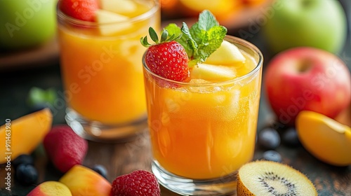 Close-up of two cocktail glasses filled with apple and multivitamin juices, garnished with fresh fruits.