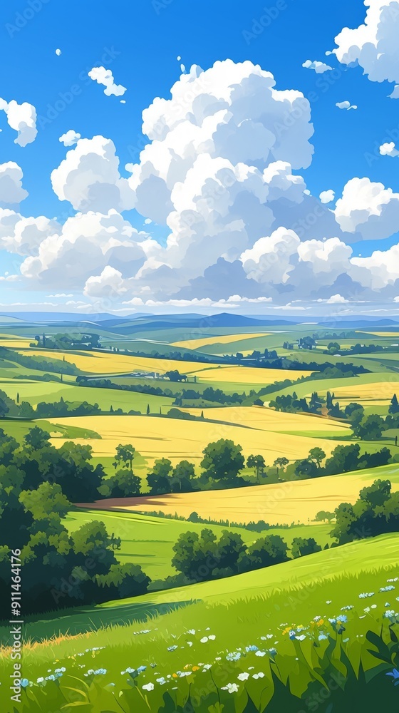 Obraz premium Enchanting Anime-inspired Summer Landscape: Serene Hills and Lush Green Fields under Blue Skies. Soothing Cartoon-style Illustration for Creative Marketing. AI-generated 4K Wallpaper Background for At