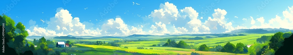 Obraz premium Enchanting Anime-inspired Summer Landscape: Serene Hills and Lush Green Fields under Blue Skies. Soothing Cartoon-style Illustration for Creative Marketing. AI-generated 4K Wallpaper Background for At