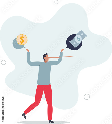 Exaggeration lying about investment profit, income or financial scam, extreme politics story, trap or pitfall concept.flat design with people.