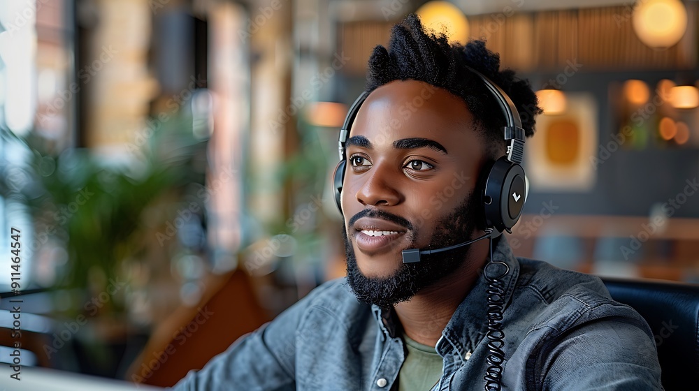 A calm customer service agent, wearing a headset and addressing a complaint over the phone in a well-lit, modern office space. The background features stylish decor and large windows, A calm customer service agent, wearing a headset and addressing a complaint over the phone in a well-lit, modern office space. The background features stylish decor and large windows,