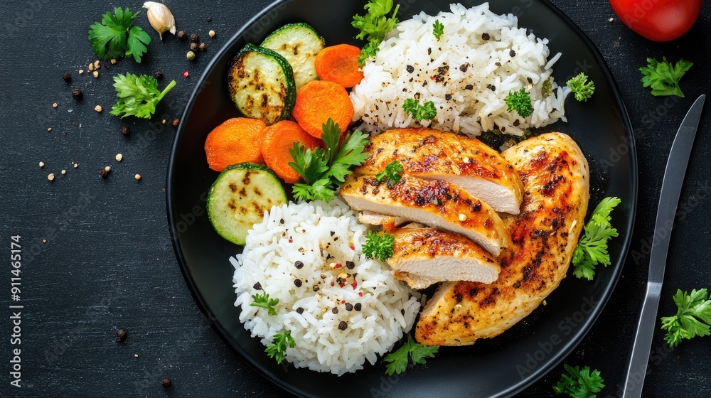 Delicious baked chicken fillet served with rice and vegetables on a black plate, photographed from above. Delicious baked chicken fillet served with rice and vegetables on a black plate, photographed from above.