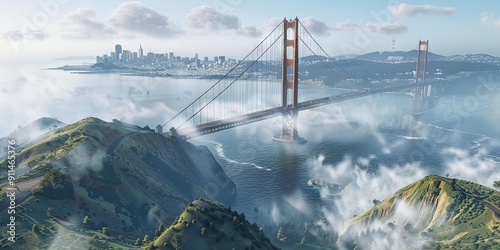 golden gate bridge with a fog in the air, aerial view, ray tracing, crisp and clean,  photo