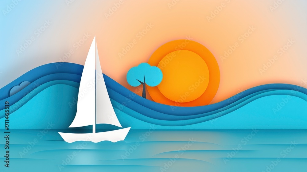 paper cut art of a sailboat on the sea with blue waves and sun in the background paper cut art of a sailboat on the sea with blue waves and sun in the background