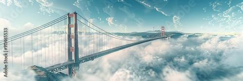 golden gate bridge with a fog in the air, aerial view, ray tracing, crisp and clean,  photo