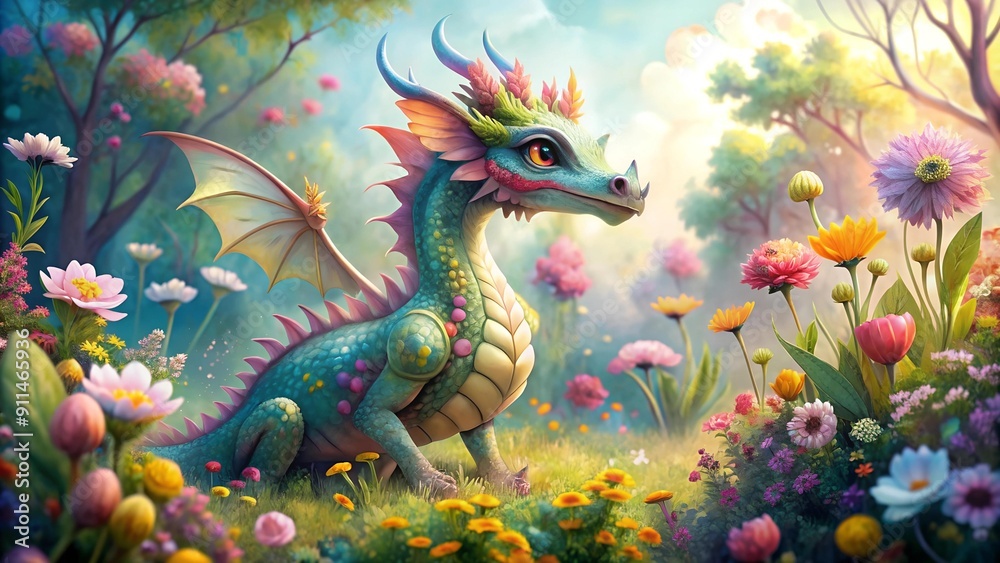 Whimsical Watercolor Dragon in a Blooming Garden Generative AI Whimsical Watercolor Dragon in a Blooming Garden Generative AI