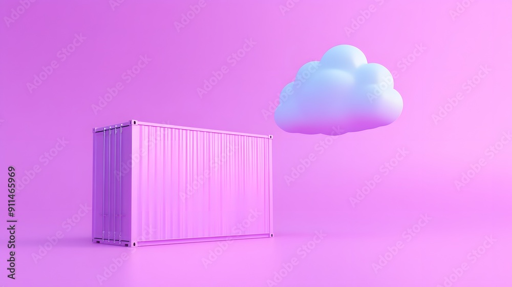 A pink shipping container with a fluffy cloud against a purple background, creating a whimsical and surreal scene. A pink shipping container with a fluffy cloud against a purple background, creating a whimsical and surreal scene.