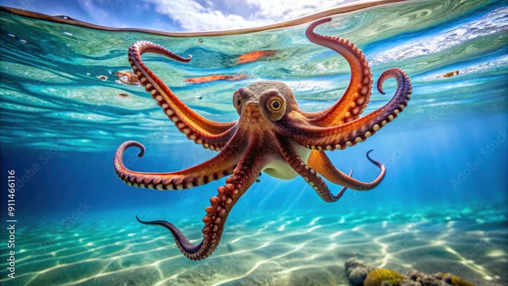 Playful octopus swimming in clear blue water, ocean, marine life, underwater, tentacles, suction cups Playful octopus swimming in clear blue water, ocean, marine life, underwater, tentacles, suction cups