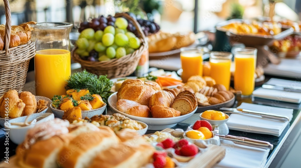 Elegant breakfast buffet in a city resort: fresh bakery, eggs, orange juice, and a variety of luxurious morning dishes. Elegant breakfast buffet in a city resort: fresh bakery, eggs, orange juice, and a variety of luxurious morning dishes.