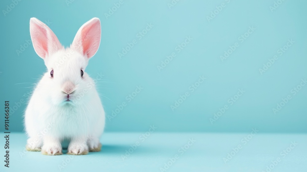 a white rabbit with pink ears on a blue background, looking at the camera. Easter concept. Web banner with empty space a white rabbit with pink ears on a blue background, looking at the camera. Easter concept. Web banner with empty space
