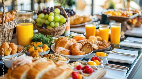 Elegant breakfast buffet in a city resort: fresh bakery, eggs, orange juice, and a variety of luxurious morning dishes. photo