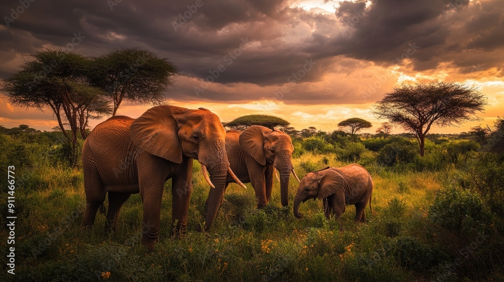 Fototapeta premium Elephant family in Tsavo West, Kenya, interacting in their natural environment with lush vegetation and dramatic skies.