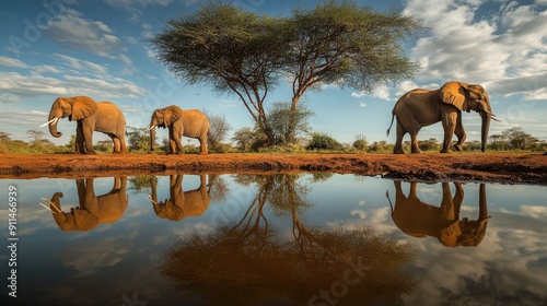 Elephants at a waterhole in Tsavo East National Park, Kenya, with their reflections visible in the water and the surrounding landscape.