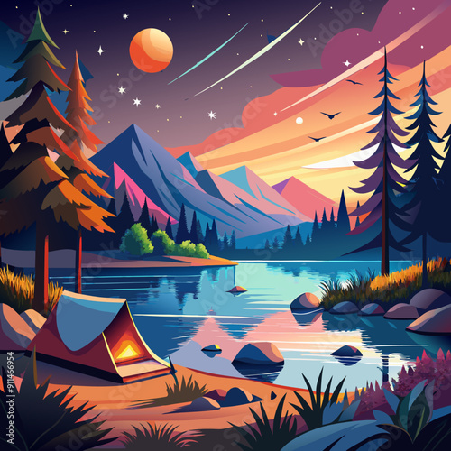 Calm lakeside camping scene with starlit sky and vibrant sunset colors