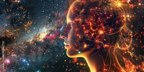 A futuristic depiction of a person with a neural network glowing inside their head against a starry background, symbolizing advanced intelligence and connectivity.