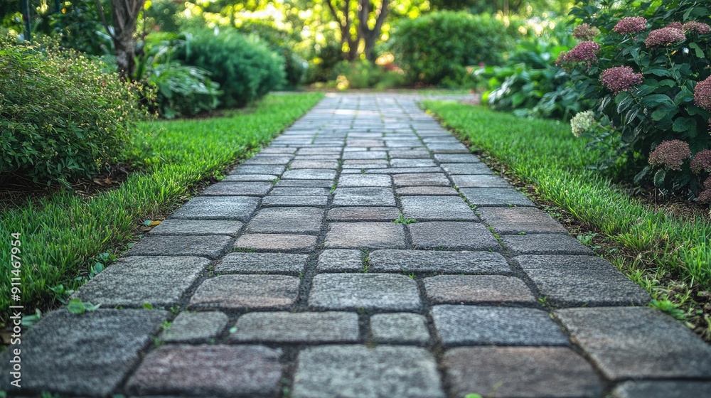 Empty garden path with stone paver blocks, highlighting the detailed design and texture of the paving. Empty garden path with stone paver blocks, highlighting the detailed design and texture of the paving.
