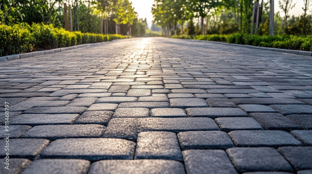 Fototapeta premium Empty road with stone brick blocks, showcasing the neat pattern and durability of the paver floor. -