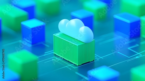 Abstract representation of cloud computing and data storage with colorful server blocks and a cloud icon on a digital circuit board.