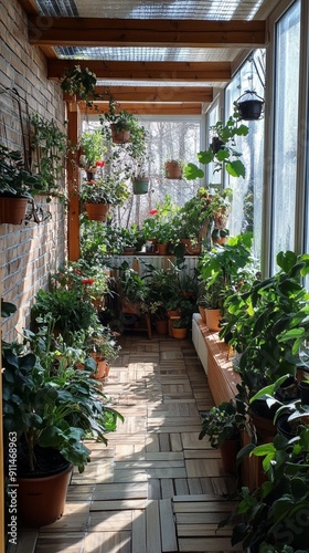 Sunlit enclosed balcony transformed into lush urban oasis with diverse potted plants, hanging baskets, and wooden beams, creating a serene green retreat.