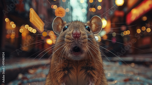 Fototapeta Naklejka Na Ścianę i Meble -  Surprised mouse in close-up with blurred cityscape background. Concept of urban wildlife, unexpected encounters, and animal emotions.