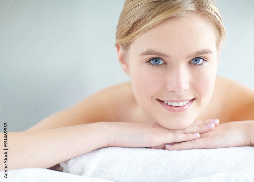 Massage, pamper and portrait with woman at spa as customer on table for break, treatment or wellness. Face, luxury and relax with person on background at salon for comfort or stress relief smile Massage, pamper and portrait with woman at spa as customer on table for break, treatment or wellness. Face, luxury and relax with person on background at salon for comfort or stress relief smile