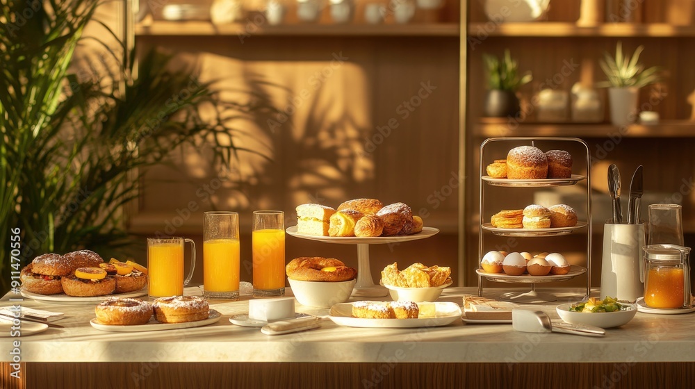 High-end breakfast setup in a city resort: assorted bakery items, glasses of orange juice, eggs, and fine breakfast plates. High-end breakfast setup in a city resort: assorted bakery items, glasses of orange juice, eggs, and fine breakfast plates.