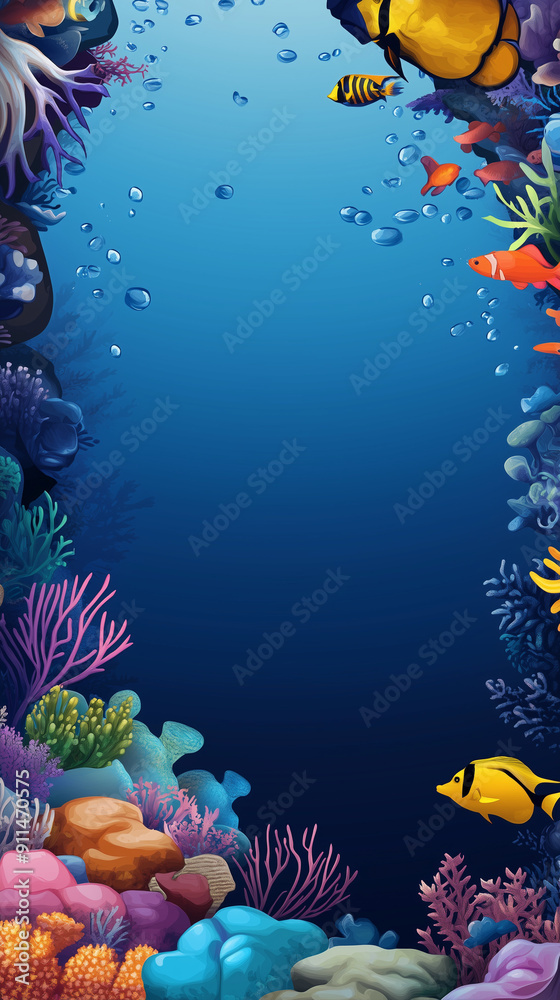 Fototapeta premium An enchanting 3D banner showcasing an underwater world with colorful coral reefs, fish, and sea creatures, featuring empty copy space on the side. Ideal for marine life projects, aquariums,. AI