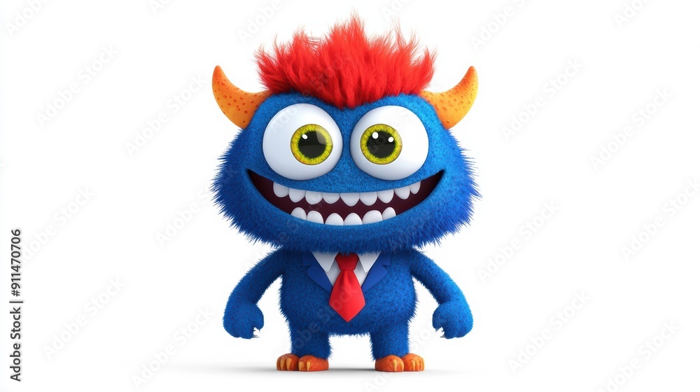 Naklejka premium A blue monster with red hair and horns is wearing a tie