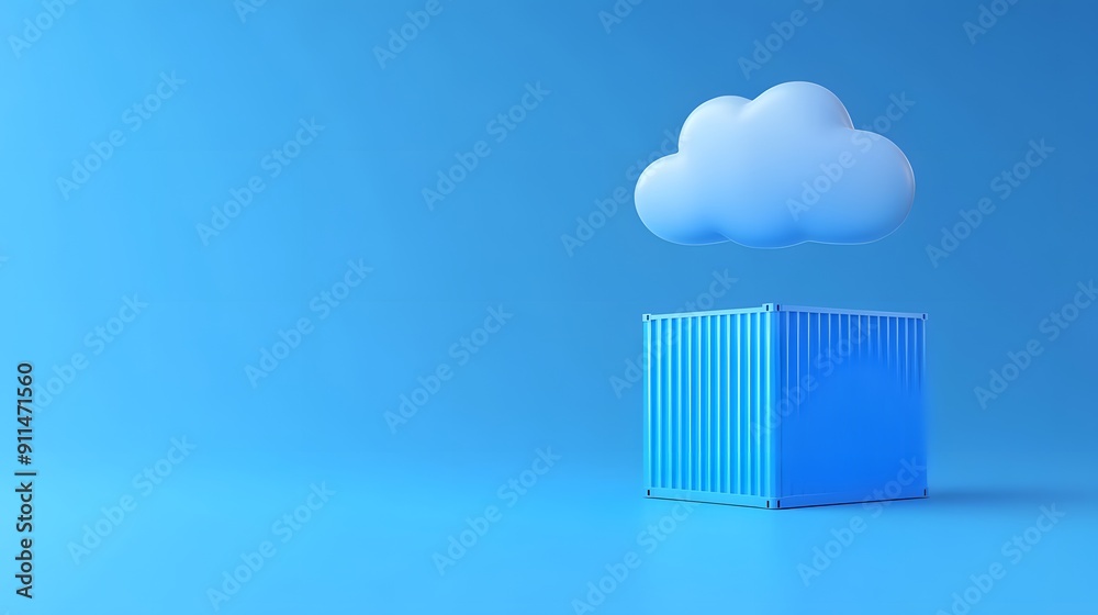 Blue shipping container and cloud concept on a blue background, symbolizing cloud storage, logistics, and technology integration.