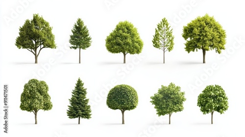 Abstract set of minimalist tree designs, each one unique in form and texture, with empty space around them for added elegance, capturing the essence of diverse tree species