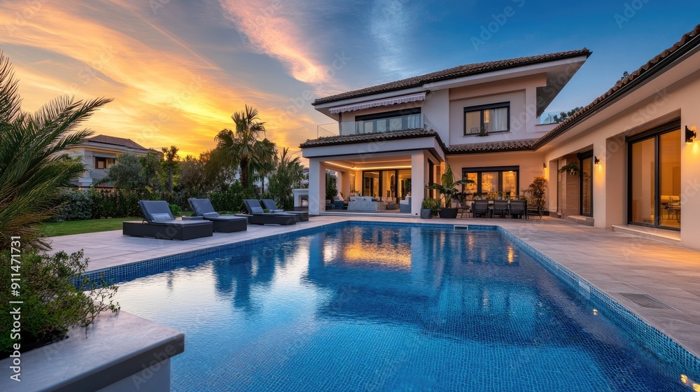 Fototapeta premium Luxurious villa with a swimming pool and spacious patio, highlighting elegant and modern architectural design.