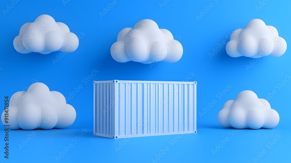 Blue shipping container surrounded by white clouds on a blue background, representing cloud storage or logistics concepts. Blue shipping container surrounded by white clouds on a blue background, representing cloud storage or logistics concepts.