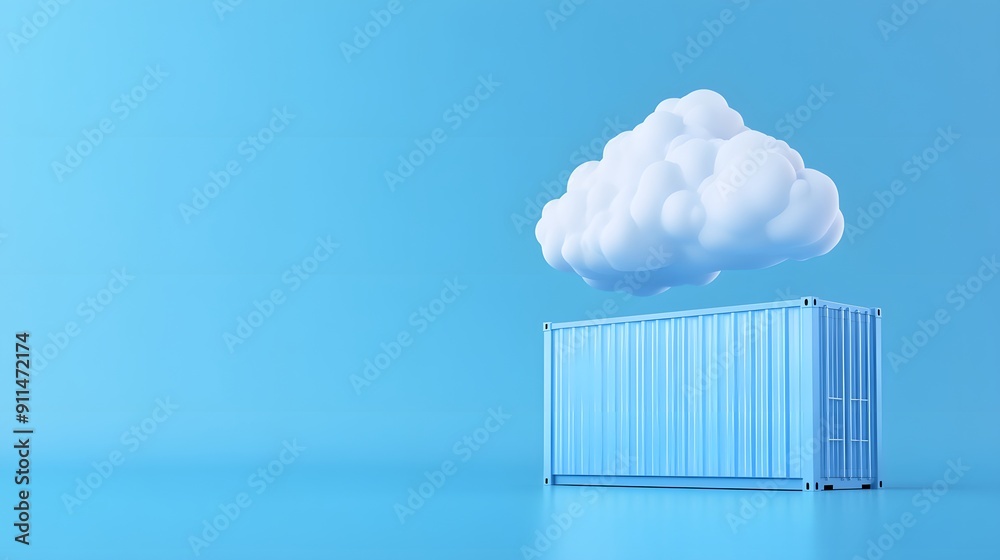 Blue shipping container with a cloud above it on a clear blue background, representing cloud computing and logistics. Blue shipping container with a cloud above it on a clear blue background, representing cloud computing and logistics.