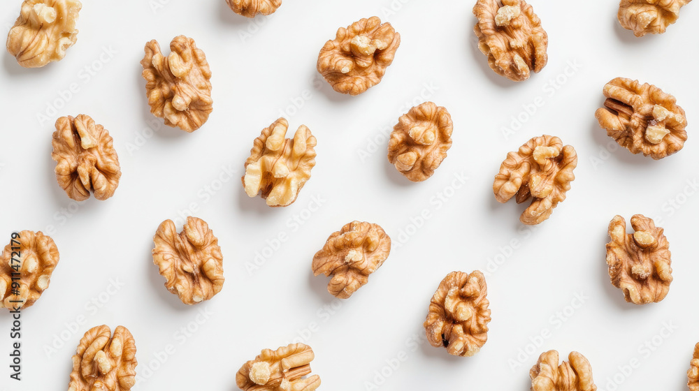 Dried walnut kernels arranged on a white background. These nutrient-rich nuts are a convenient and healthy snack. Dried walnut kernels arranged on a white background. These nutrient-rich nuts are a convenient and healthy snack.