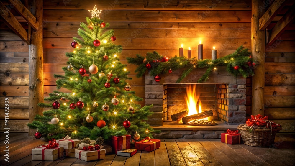 A Cozy Christmas Tree in a Rustic Fireplace AI Generated A Cozy Christmas Tree in a Rustic Fireplace AI Generated