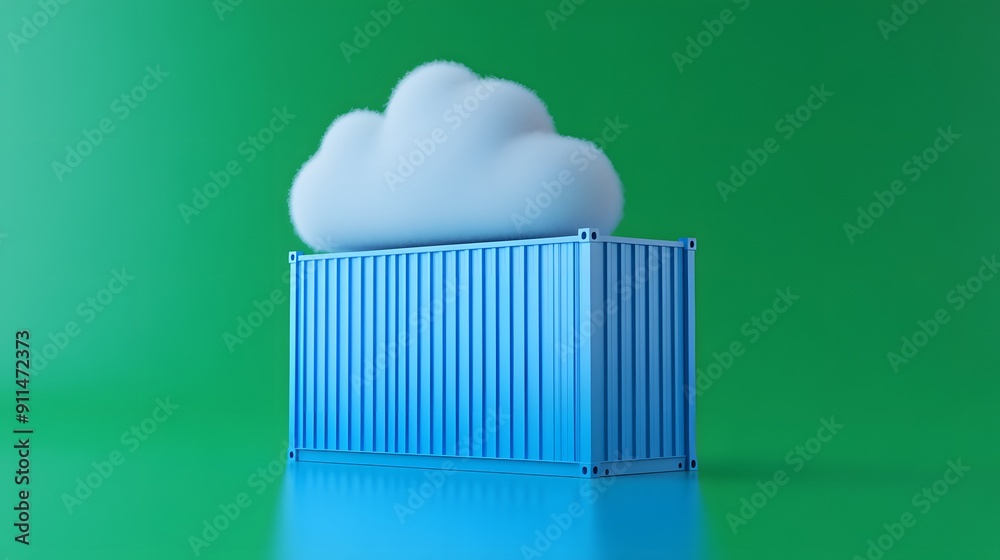 Blue shipping container with a cloud on top, symbolizing cloud computing and storage. Green background. Modern technology concept. Blue shipping container with a cloud on top, symbolizing cloud computing and storage. Green background. Modern technology concept.