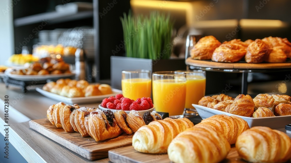 Modern hotel breakfast: fresh pastries, orange juice, eggs, and a table full of delicious morning options. Modern hotel breakfast: fresh pastries, orange juice, eggs, and a table full of delicious morning options.